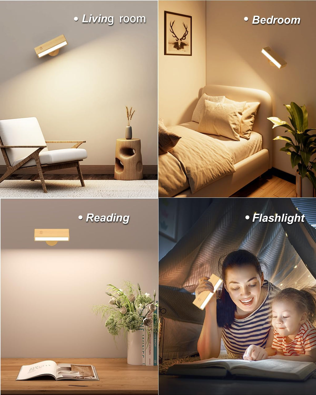 Solid Wood Rechargeable Wall Lights - 2 PACKS