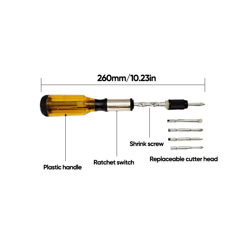 Push Pull Ratchet Screwdriver With 5 Screwdriver Heads