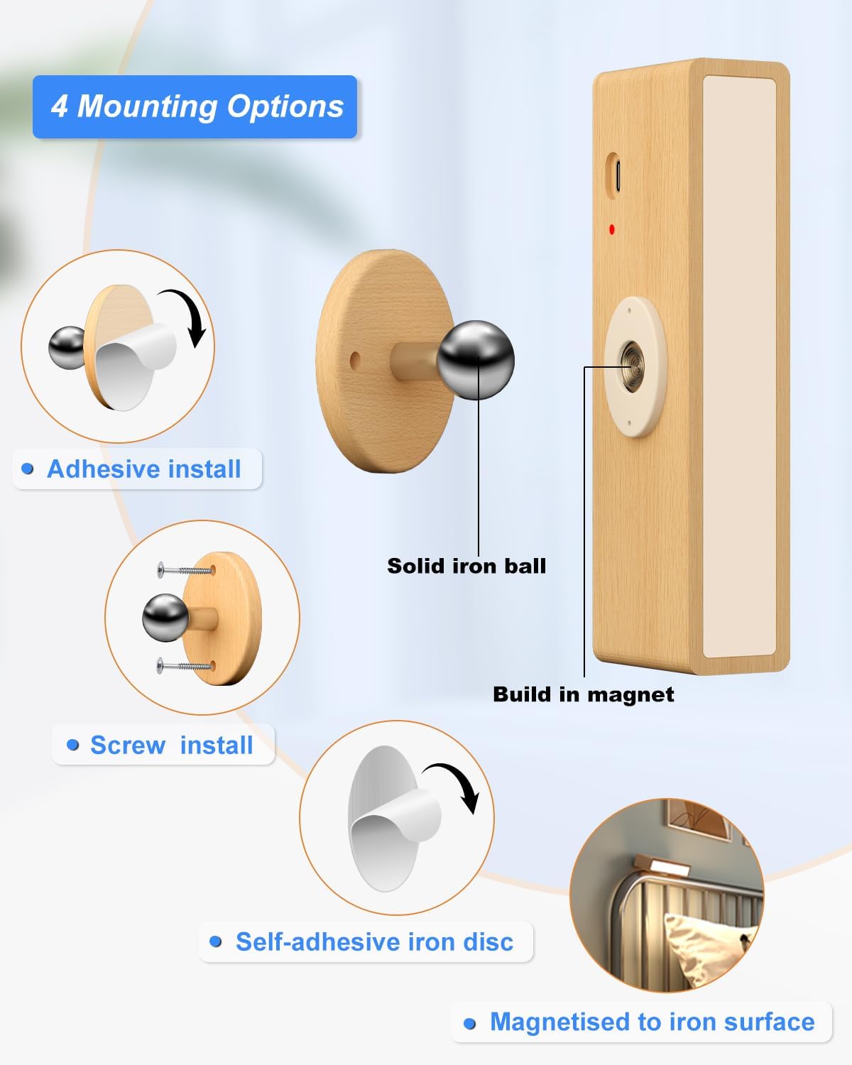 Solid Wood Rechargeable Wall Lights - 2 PACKS