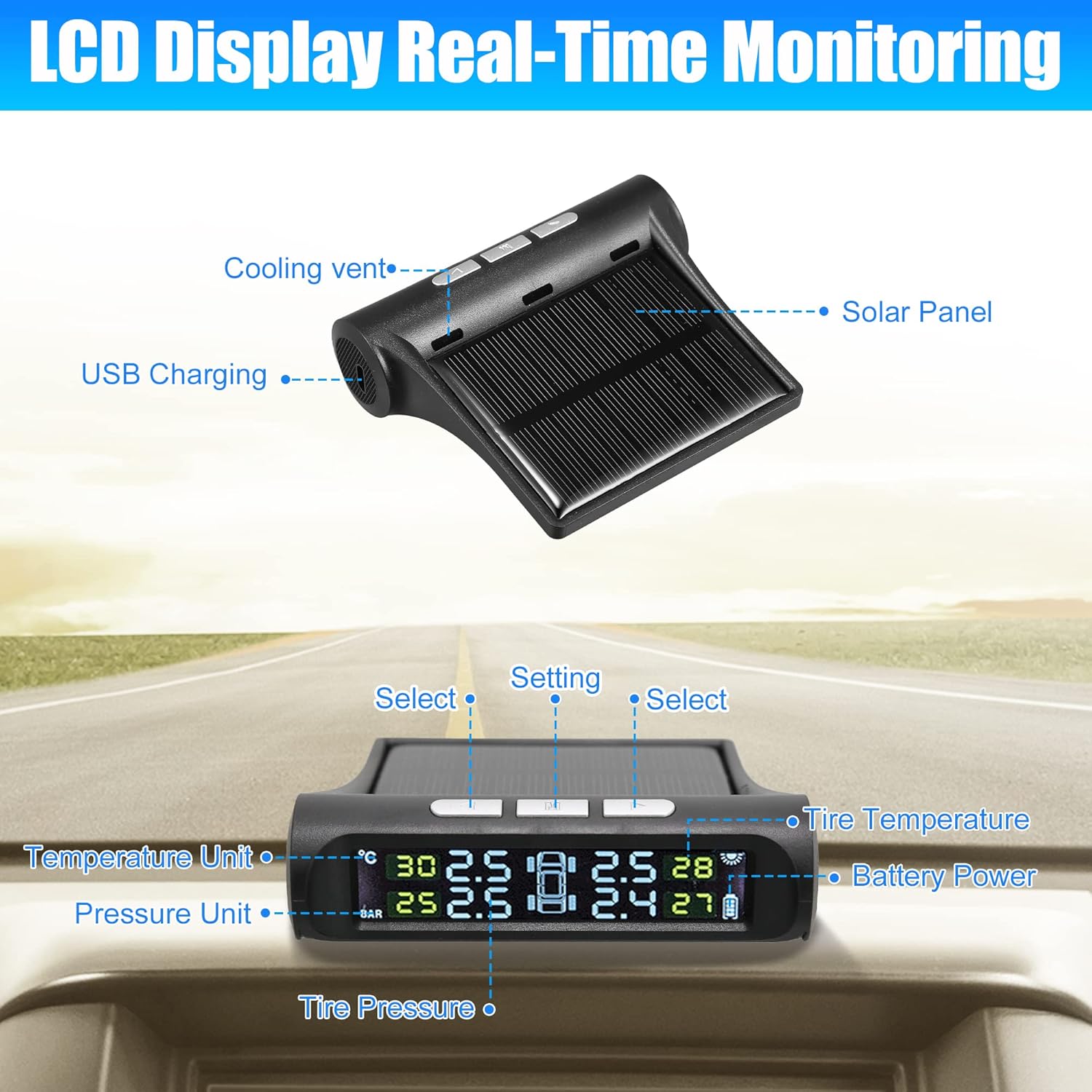 Solar Powered Car Tire Accuracy Pressure Monitor