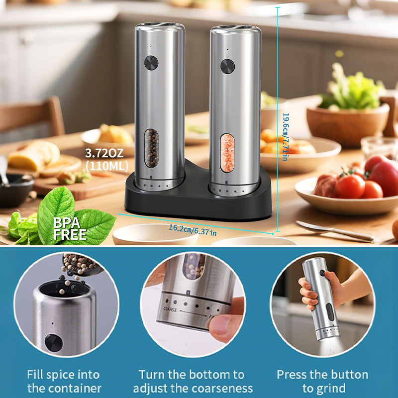 Electric Salt and Pepper Grinder Set with Charging Base