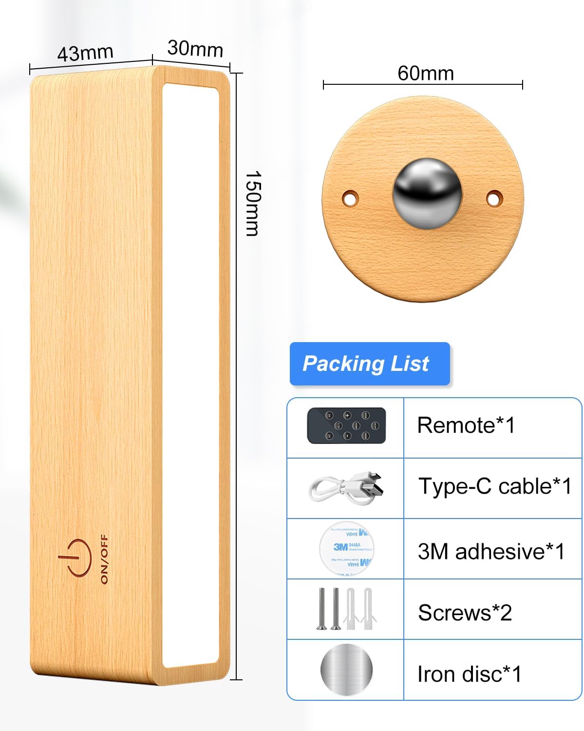 Solid Wood Rechargeable Wall Lights - 2 PACKS