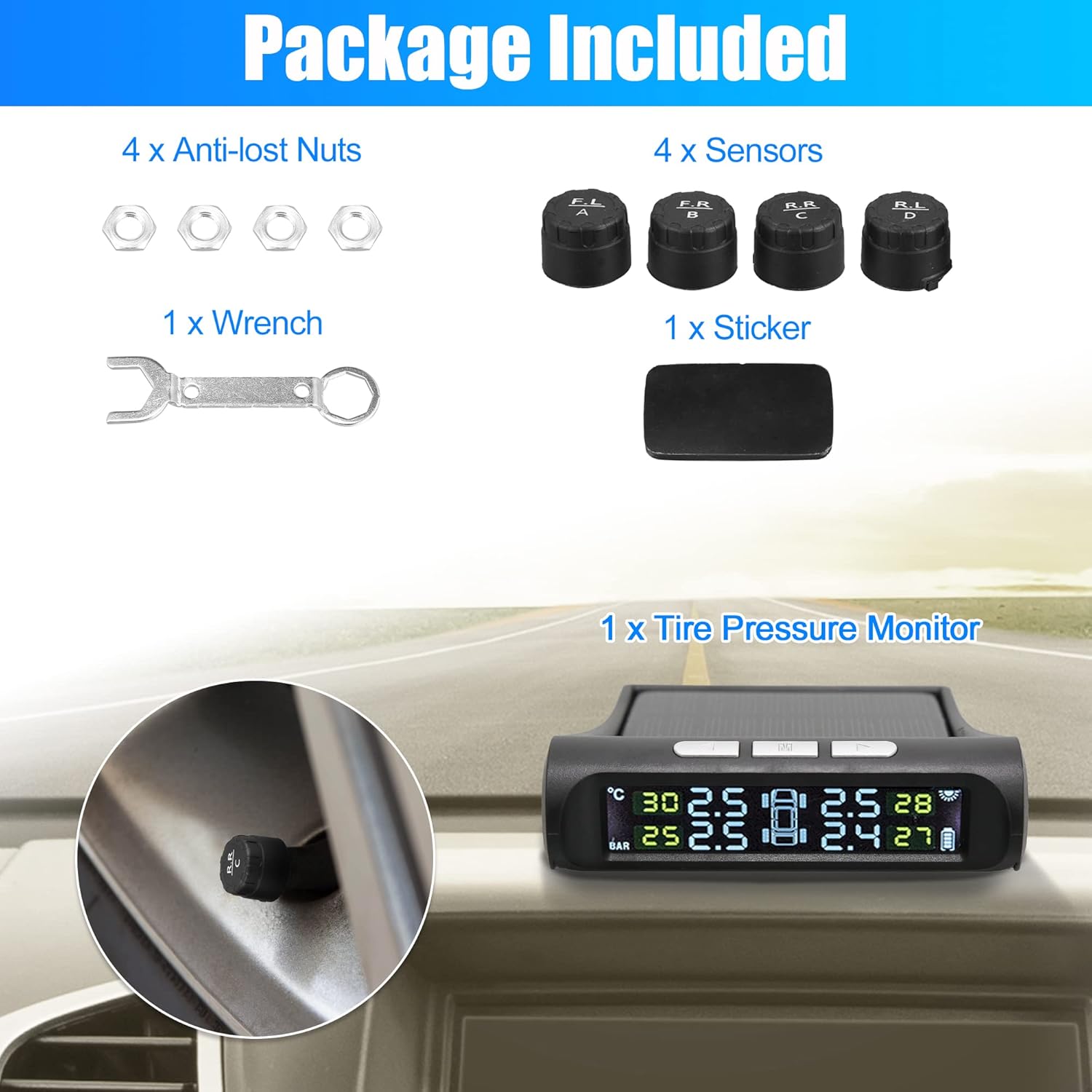 Solar Powered Car Tire Accuracy Pressure Monitor