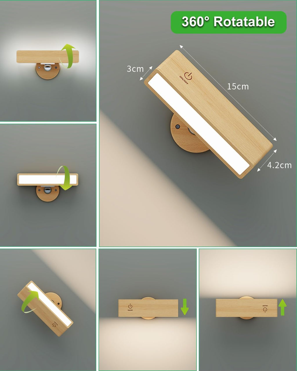 Solid Wood Rechargeable Wall Lights - 2 PACKS