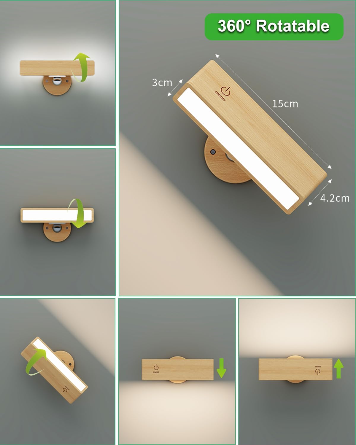 Solid Wood Rechargeable Wall Lights - 2 PACKS
