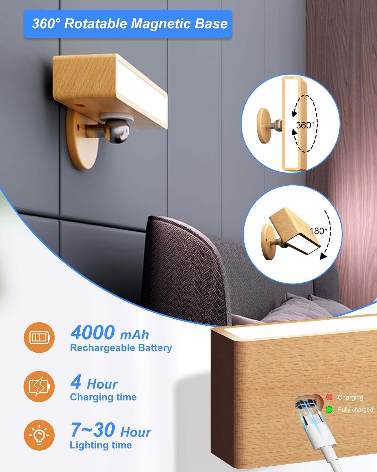 Solid Wood Rechargeable Wall Lights - 2 PACKS