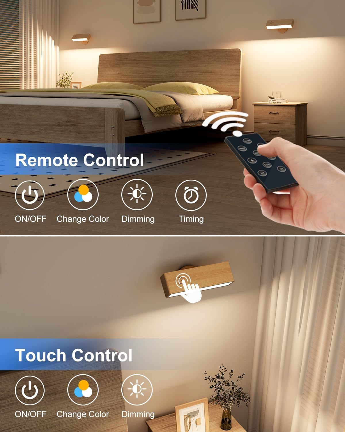 Solid Wood Rechargeable Wall Lights - 2 PACKS