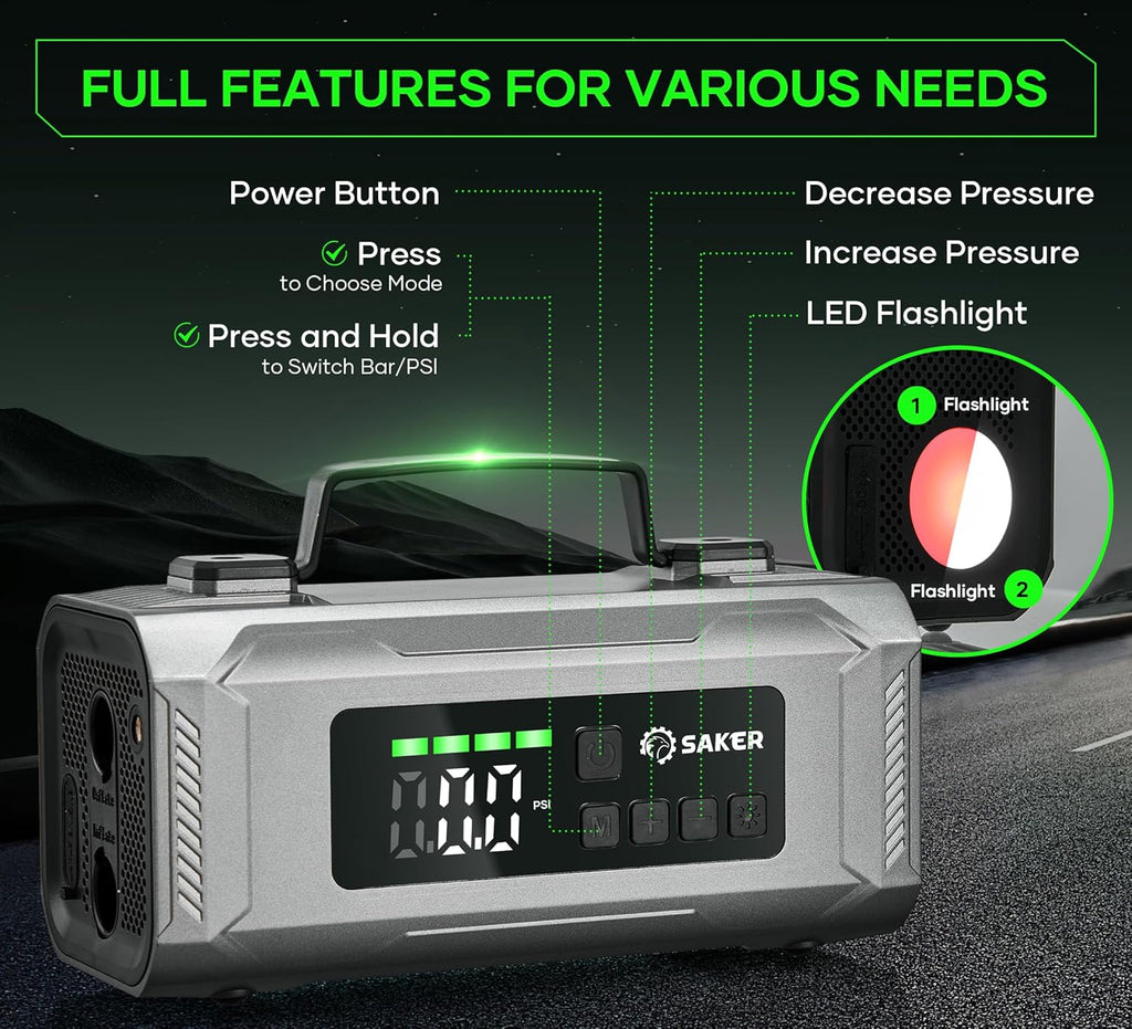 Jump Starter with Air Compressor 6-in-1 Multifunctional