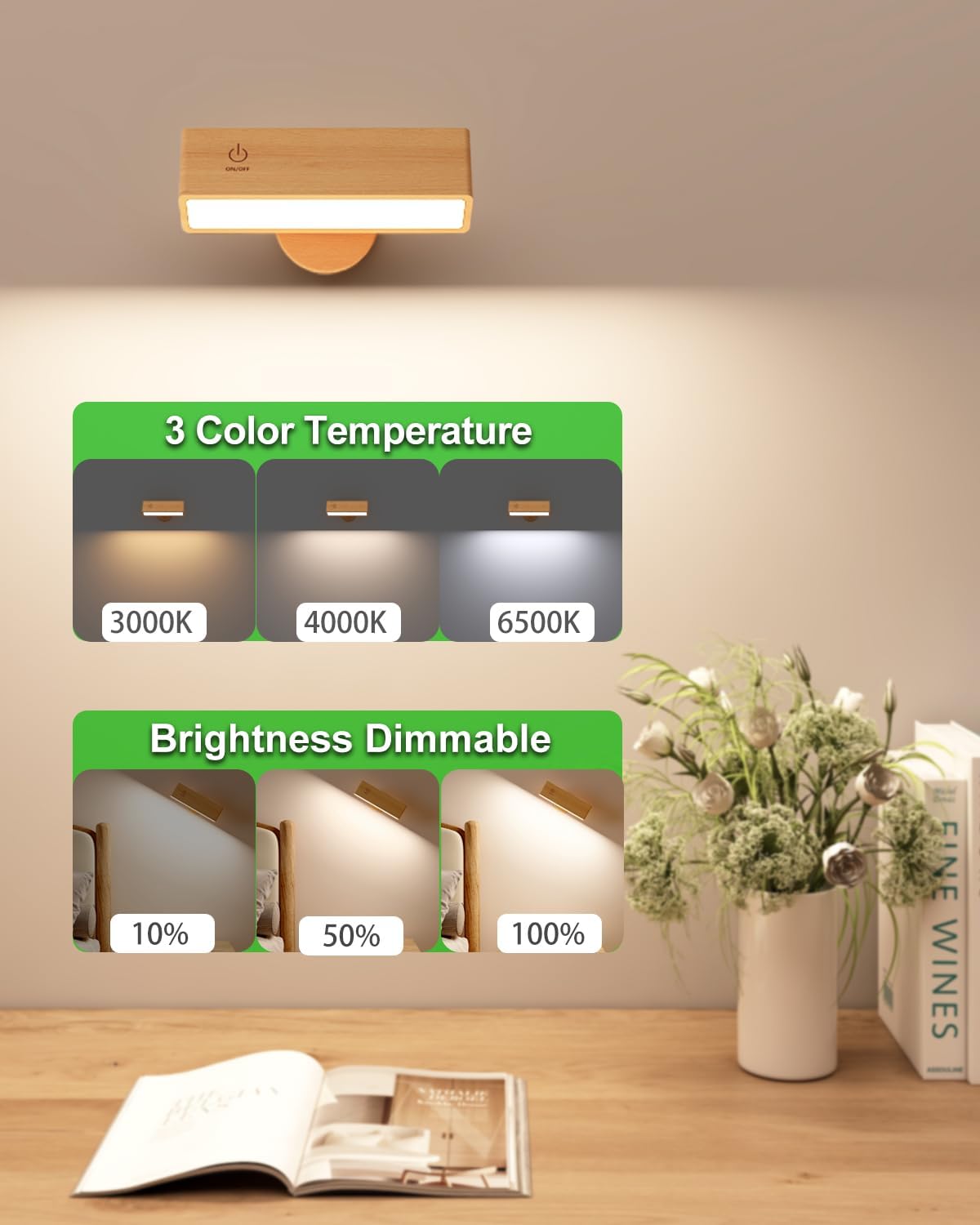 Solid Wood Rechargeable Wall Lights - 2 PACKS